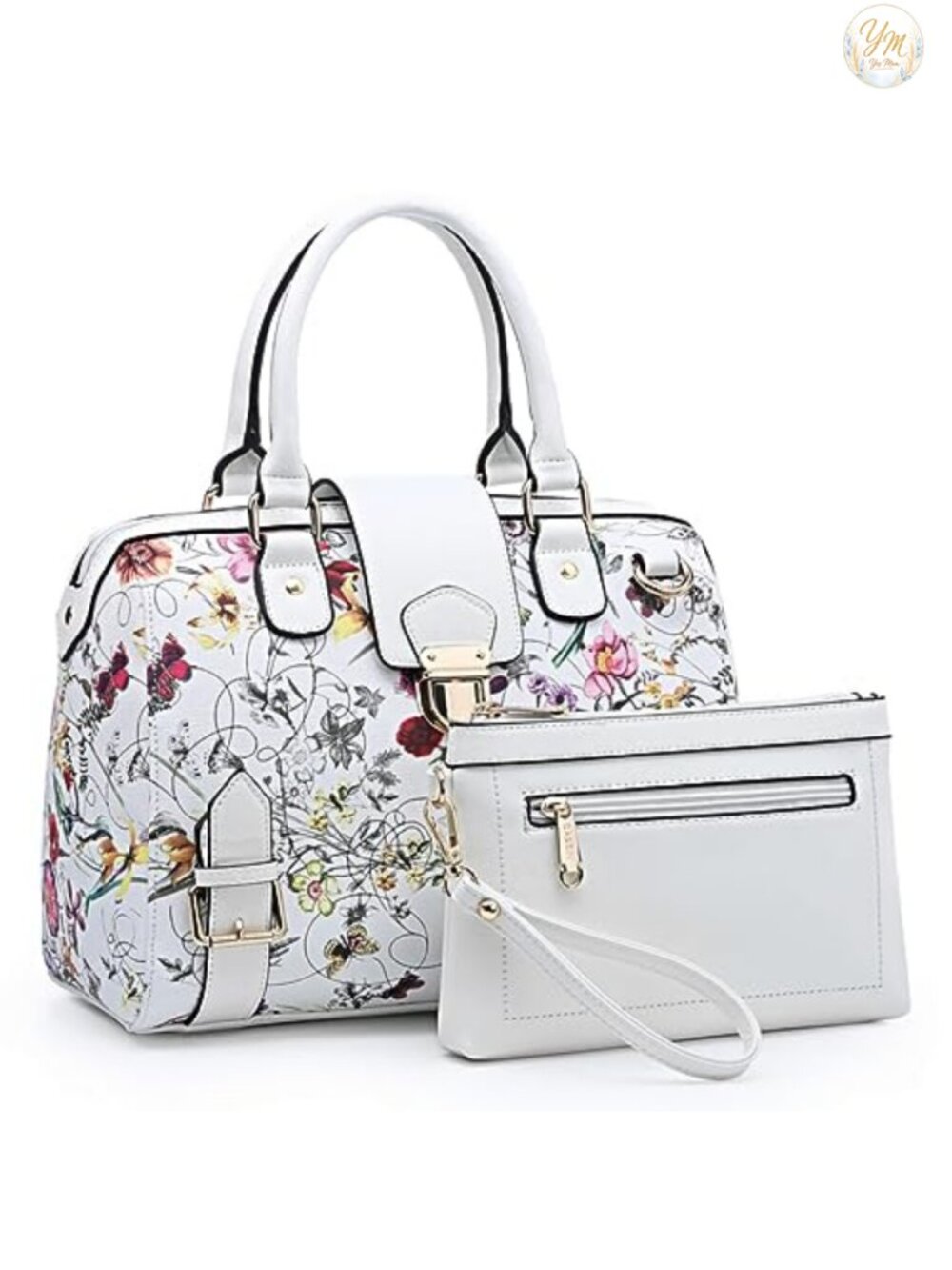 Vegan Leather Floral Print Satchel Purse Top Handle Handbag Tote Work Bag